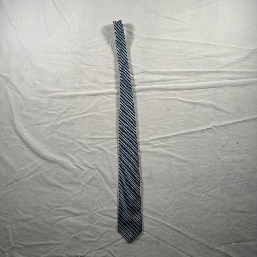 PURE SILK Made In Italy Mens Necktie Blue Black Silver Diagonal Repp Stripe Tie